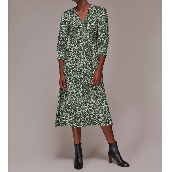 Whistles • Clouded Leopard Shirred Dress in Green - Picture 1 of 11